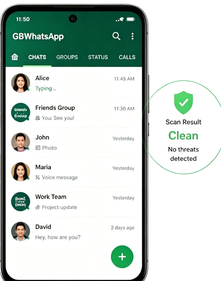 GB WhatsApp app on phone with Clean security scan result